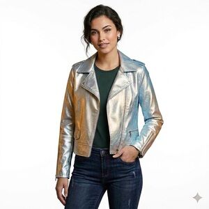 Baccini Silver Faux Leather Motorcycle Jacket Size M, NWT